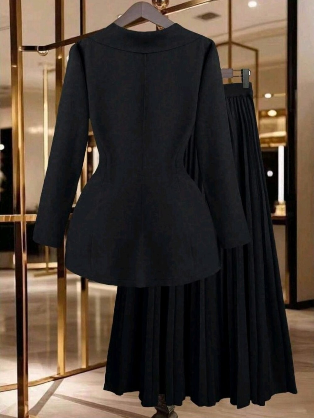 Women's Gold Button Decor Blazer + Pleated Skirt Elegant Casual Commuter - Picture 2 of 7
